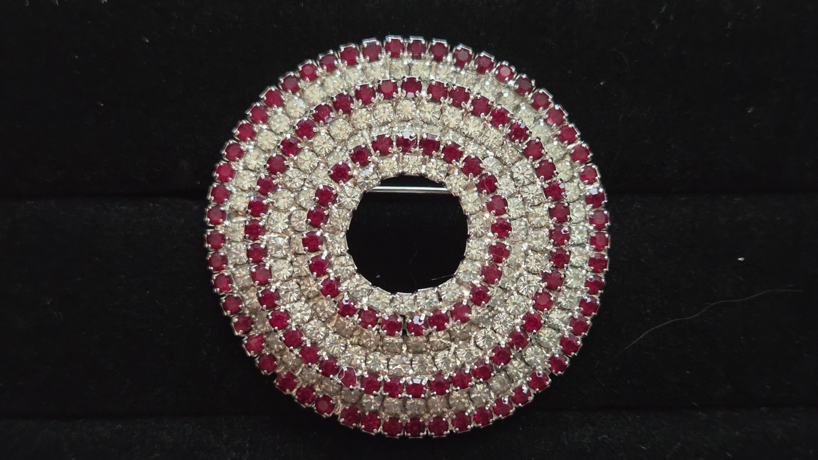 Vintage Kramer Layered Clear And Red Rhinestone Round Brooch