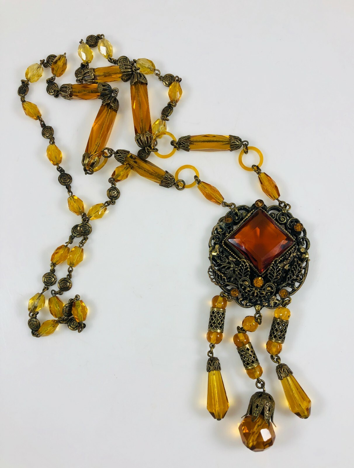 Antique Czechoslovakia Max Neiger Amber Brown Long Dangle Necklace Glass Links