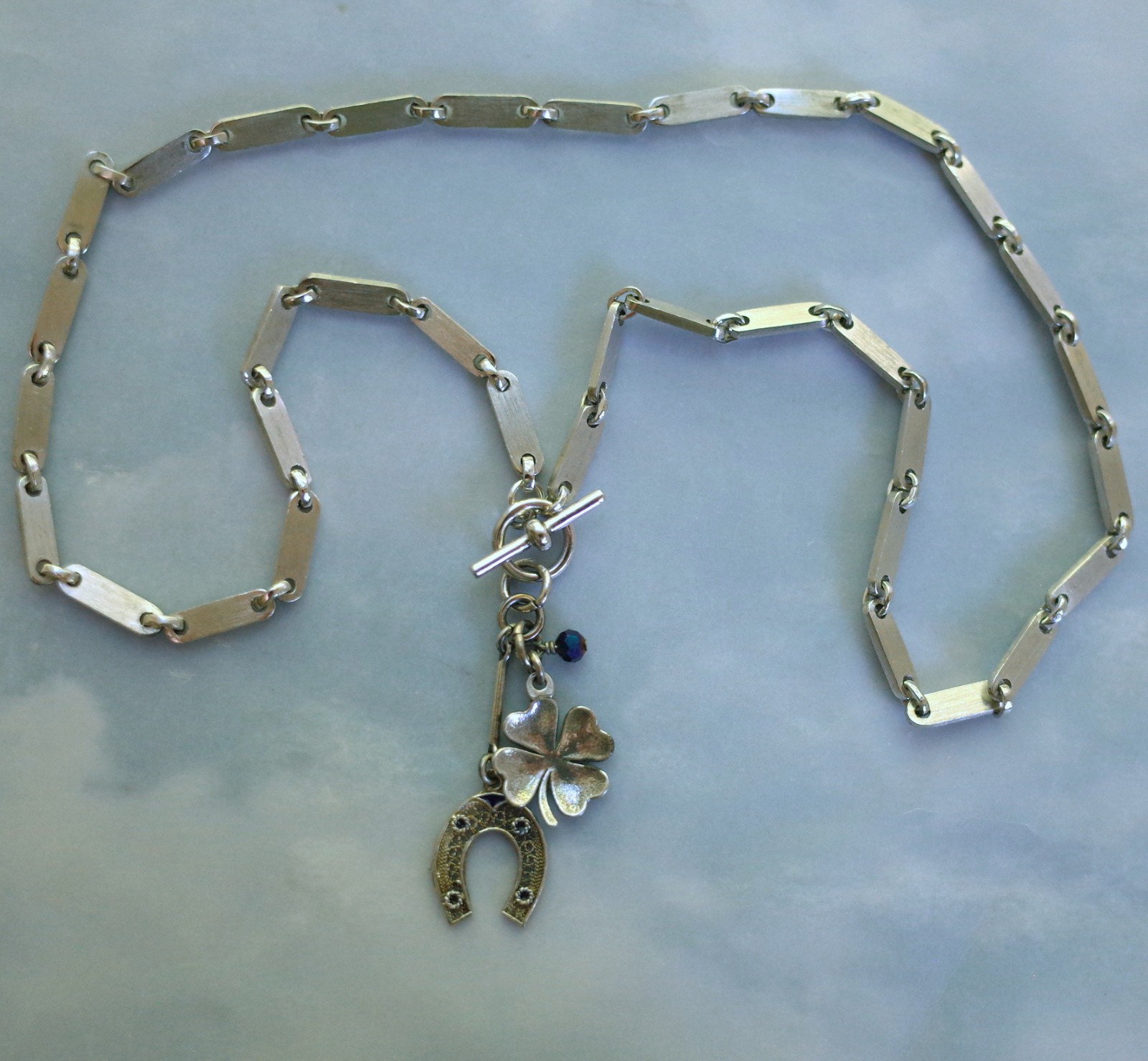 Vintage Sterling Silver Enamel Filigree Horseshoe & Four Leaf Clover Lucky Neckl