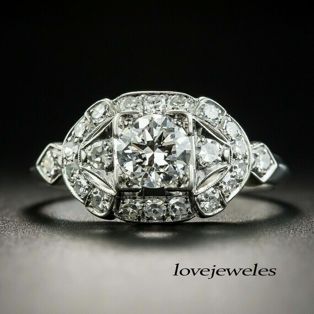 2.90CT Lab-Created Round Cut Diamond Art Deco Vintage Ring 14K White Gold Finish
