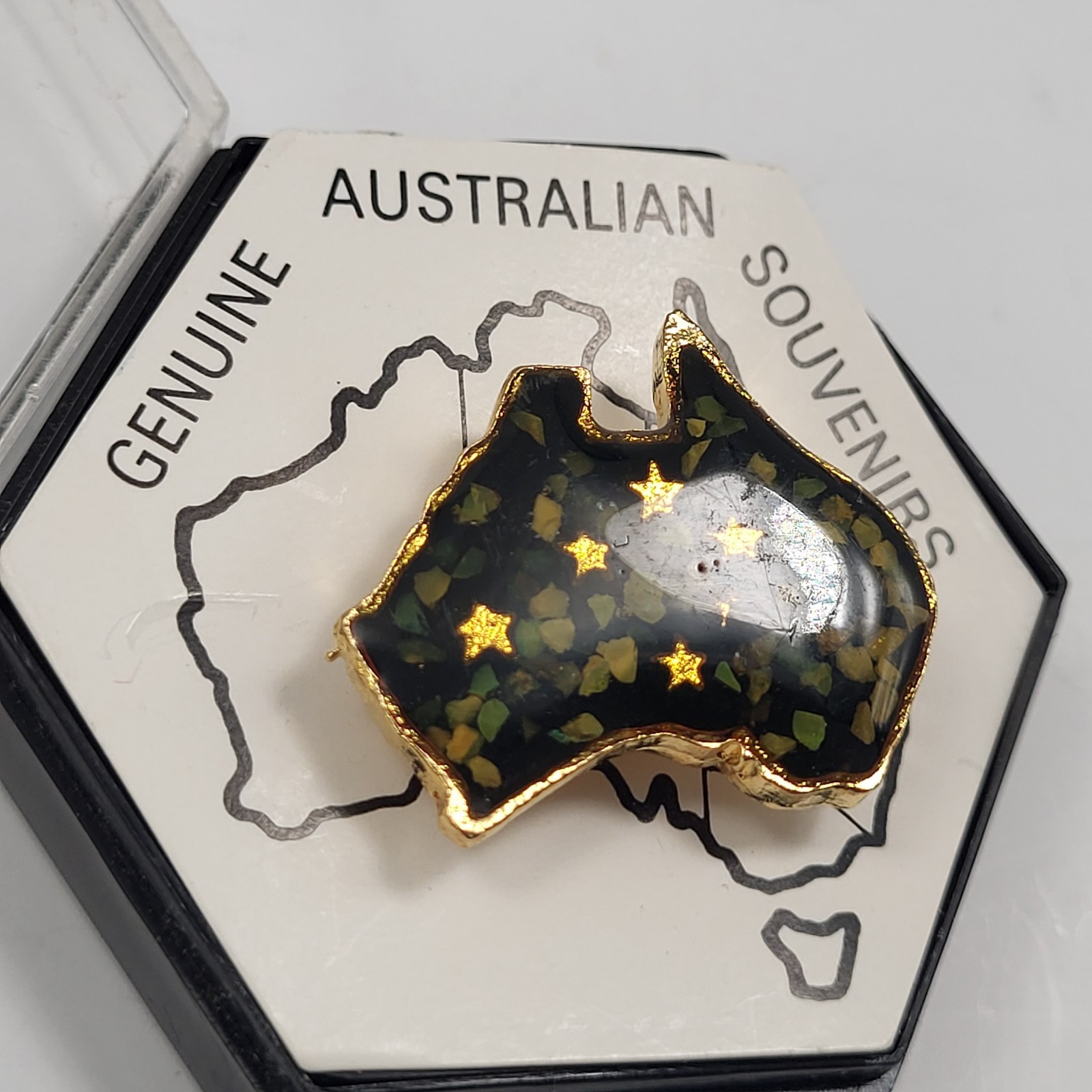 Vintage Australia Map Brooch Opal encased Inlay Goldtone Pin Souvenir Jewelry