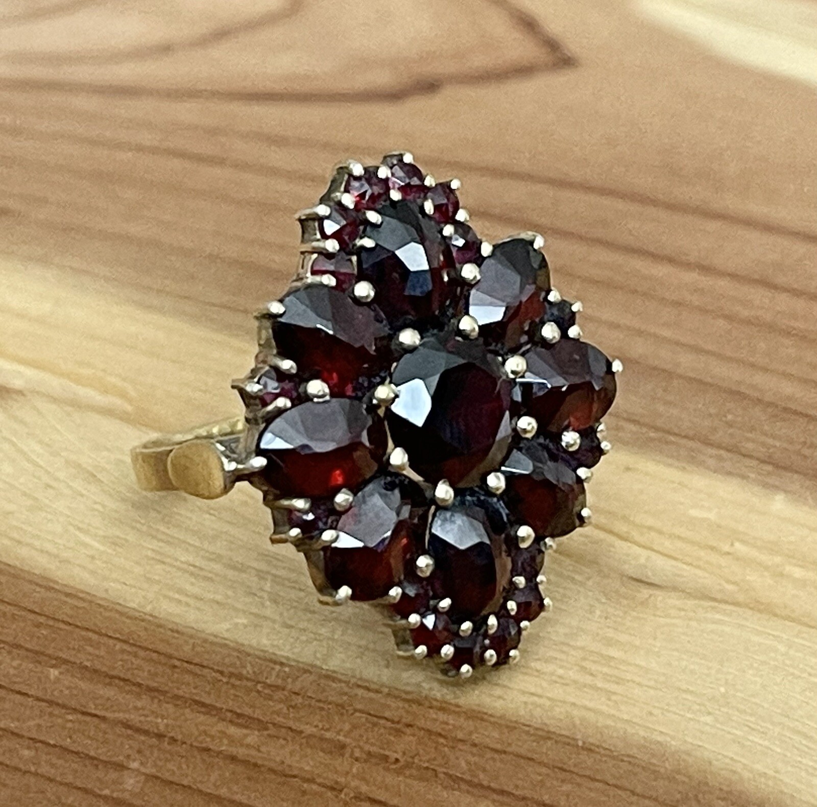 VICTORIAN STYLE BOHEMIAN GARNET COCKTAIL RING 14k GOLD & STERLING VERMEIL 7.75