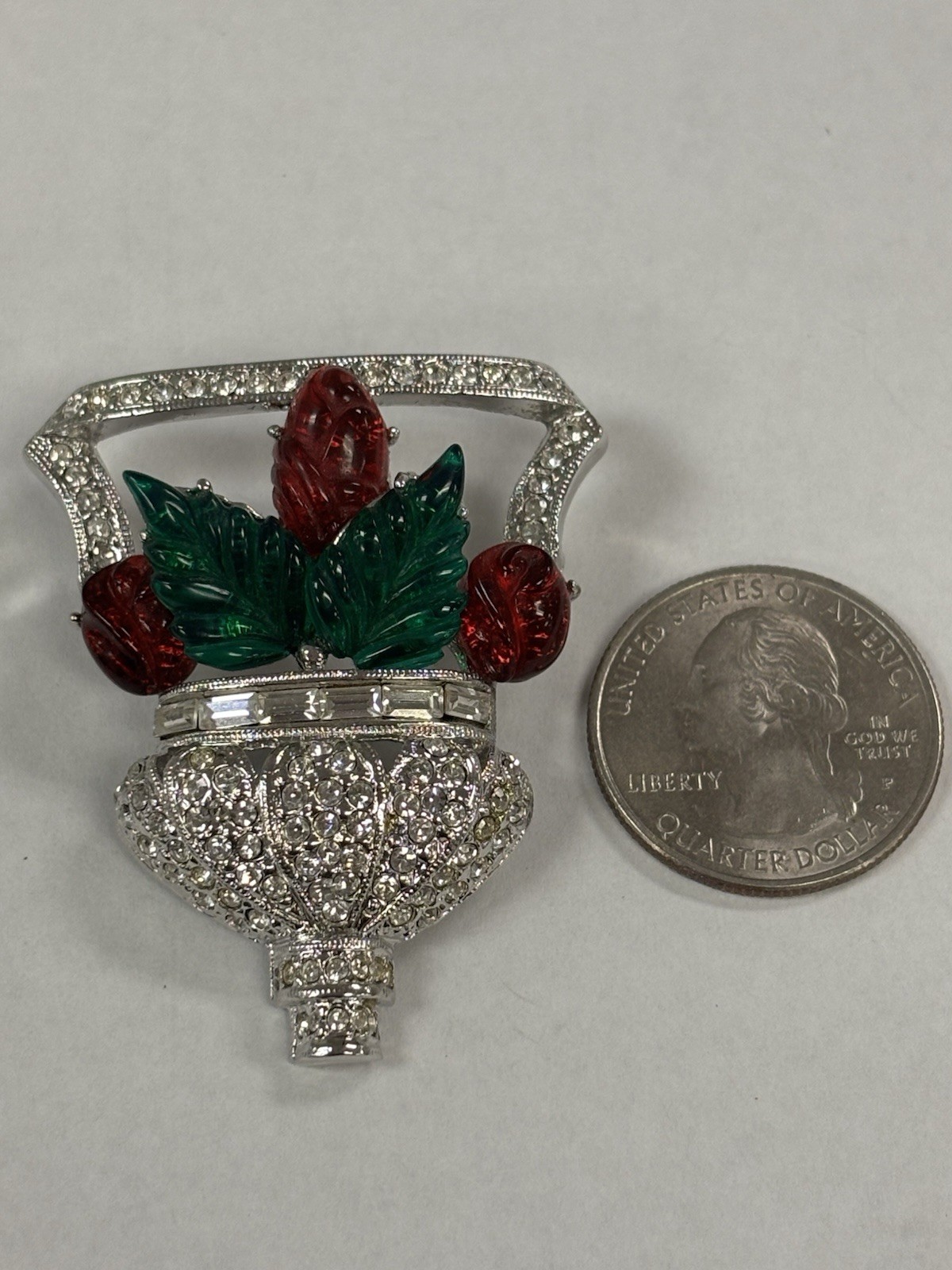 RARE Signed ART DECO 89 Floral Basket Brooch Pin Rhinestone Resin UNWORN HTF