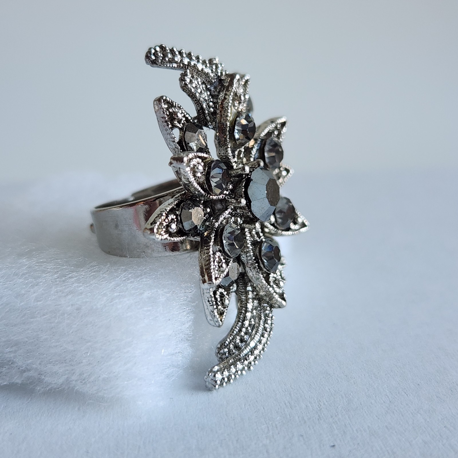 Adjustable Silver Tone Floral Rhinestone Statement Ring Smoky Crystal