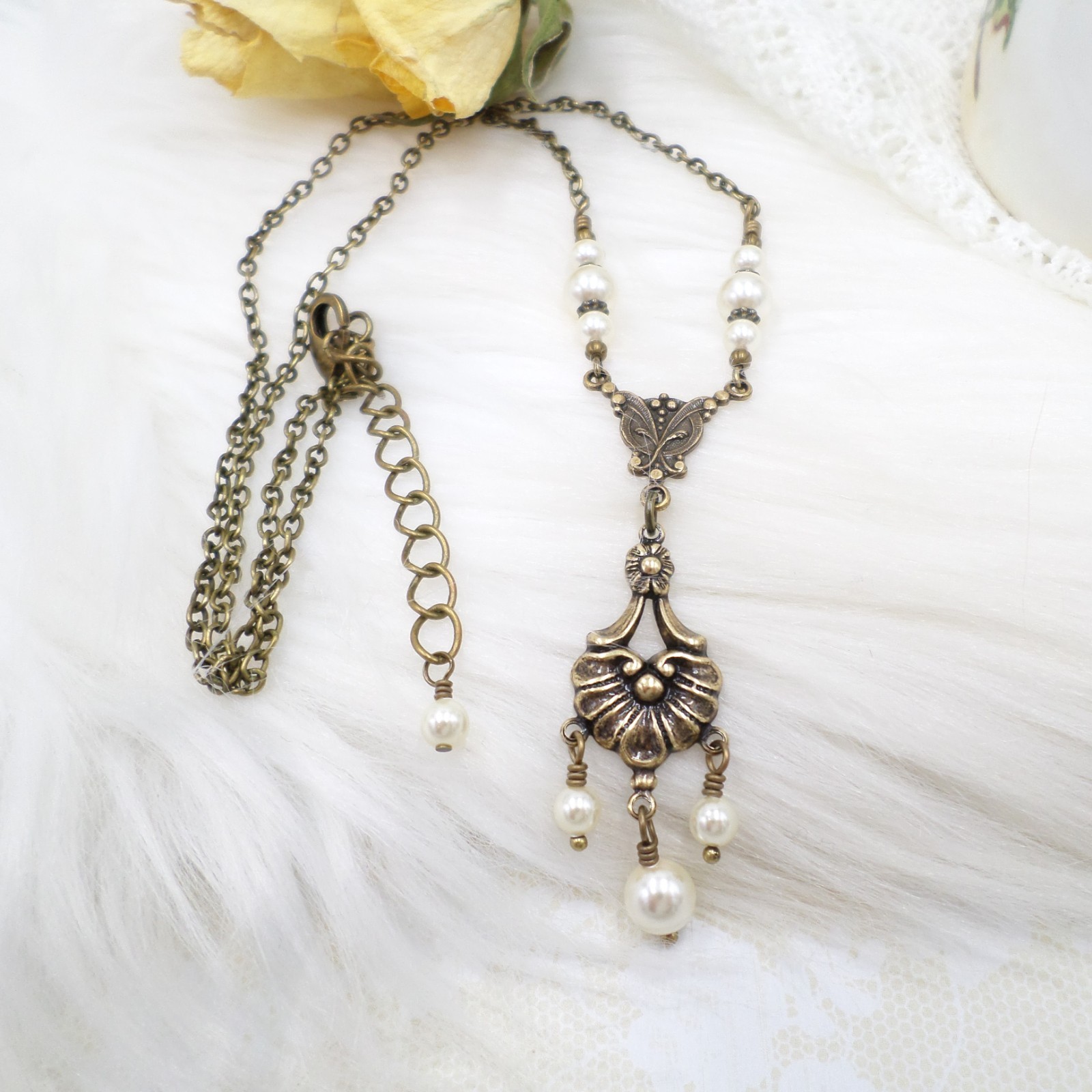 Victorian Pearl Necklace: Antique Brass Romantic Floral Handmade Vintage Jewelry