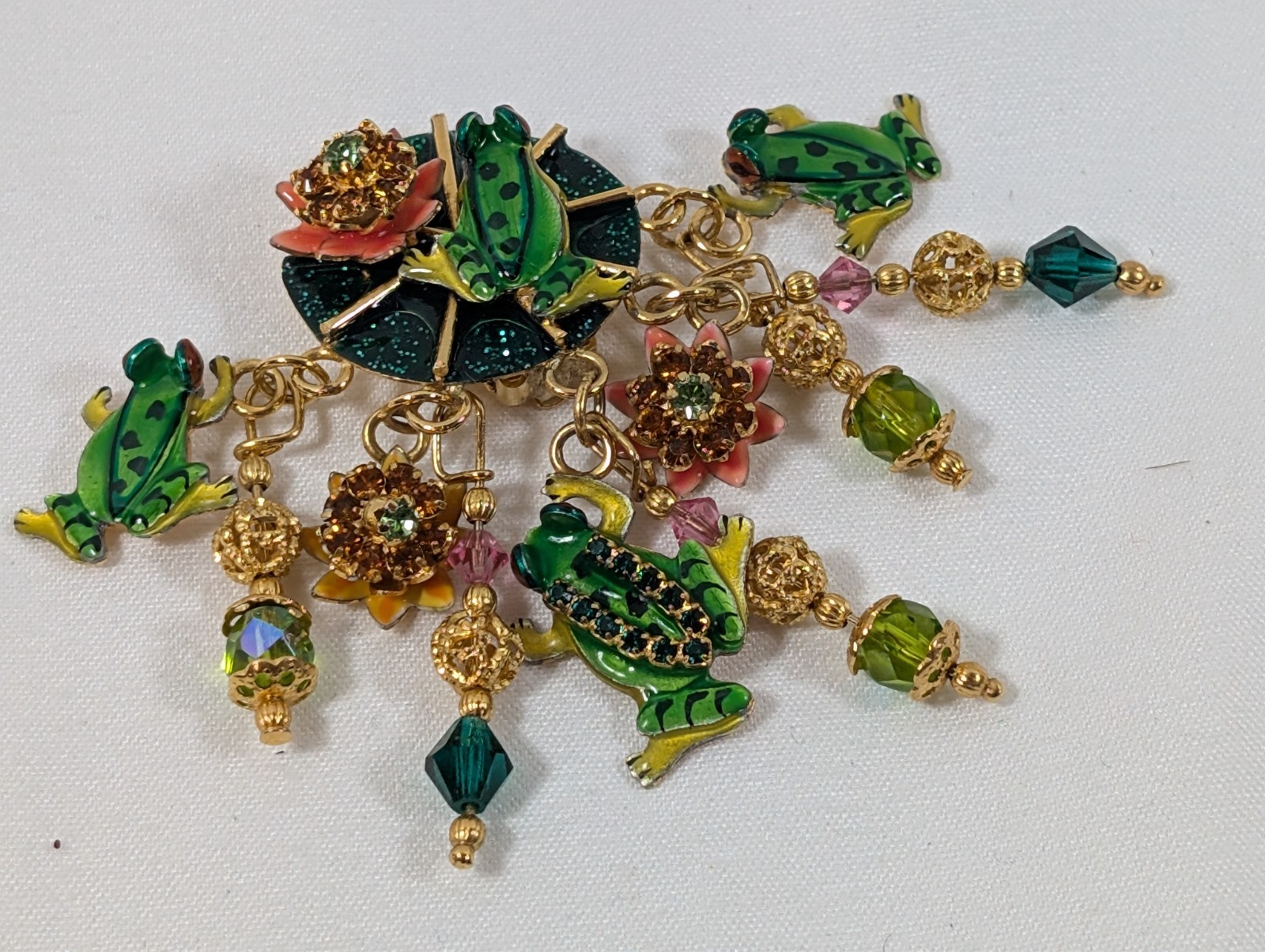 Lunch at the Ritz Frog Lily Pad Dangle Clip Earrings 3″