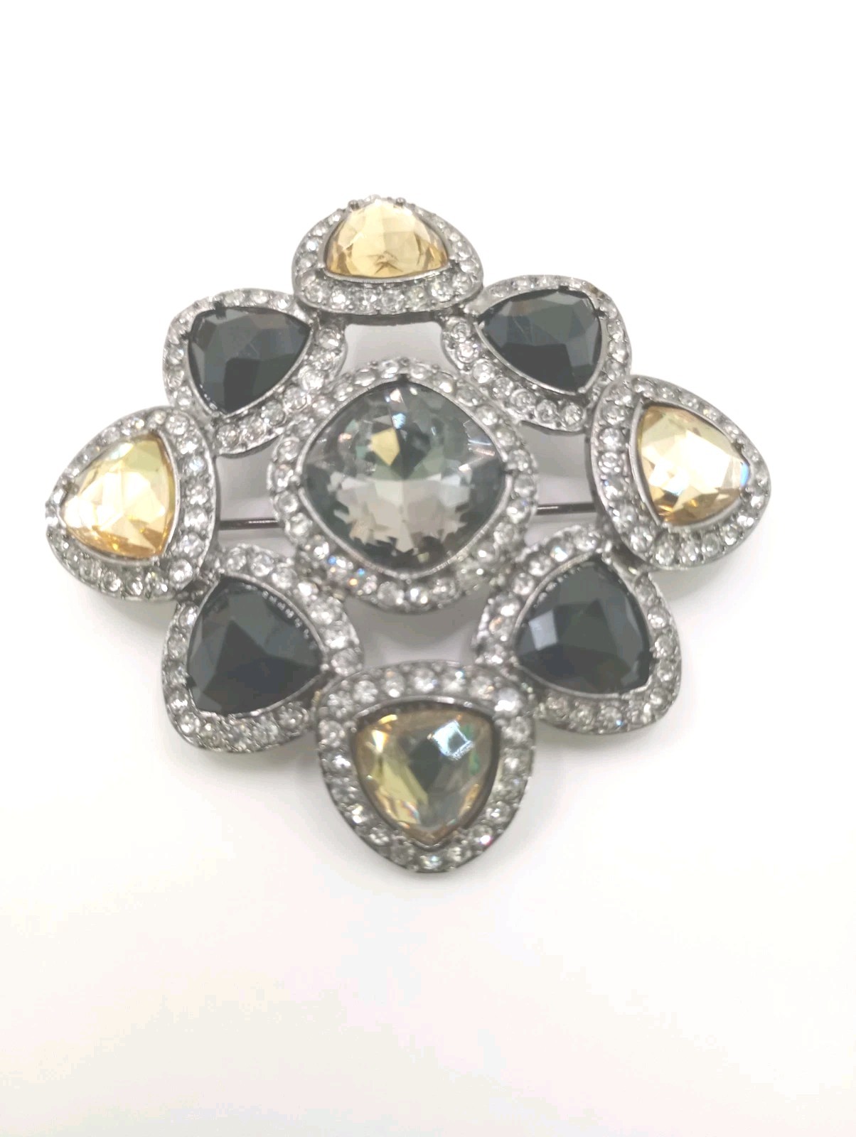 Vintage Style Premiere Design Brooch Black Topaz Glass Art Deco Pin 2 1/2 in D