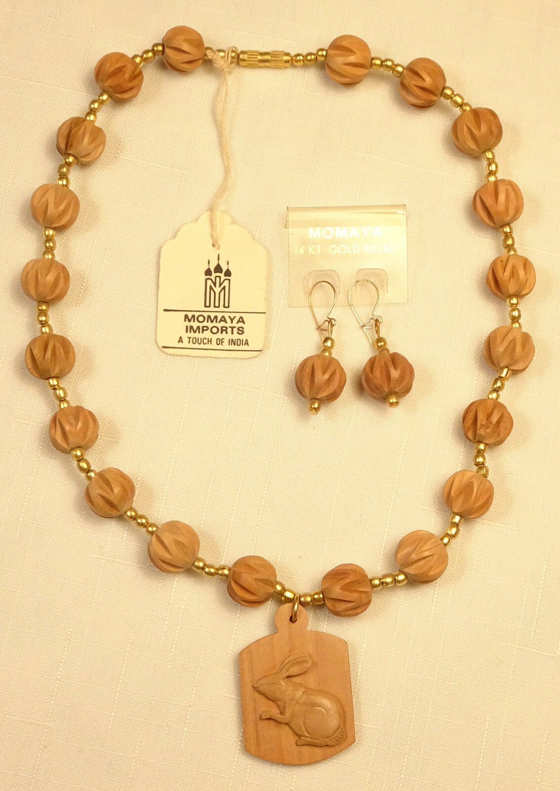 Rabbit Necklace & Earrings Set 14K Gold Filled Sandalwood NOS Tags Momaya India