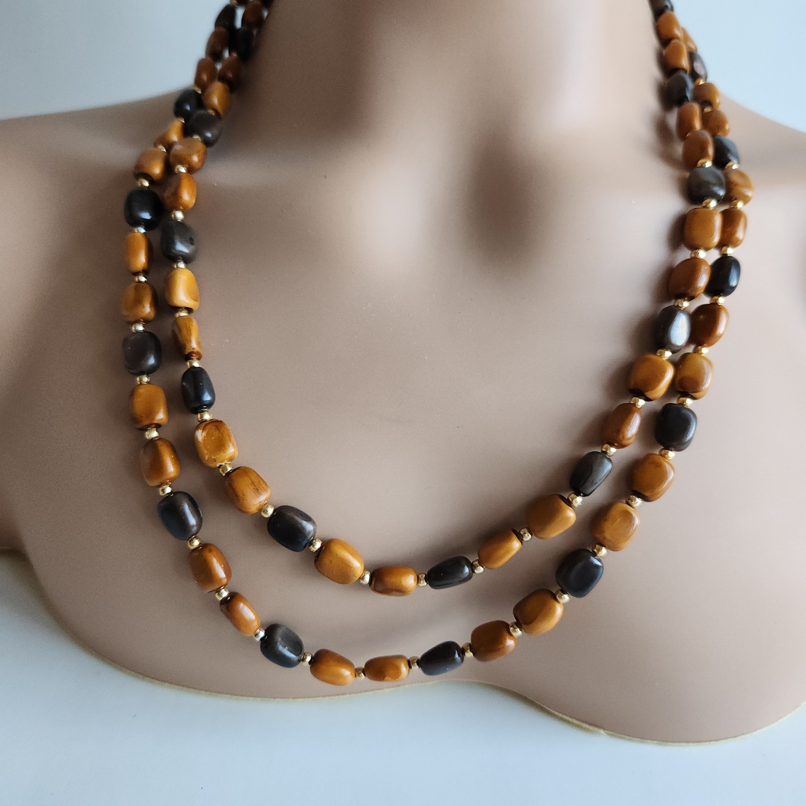 Long Beaded Necklace 50” Layered Wrap Brown Black Nugget Beads Boho