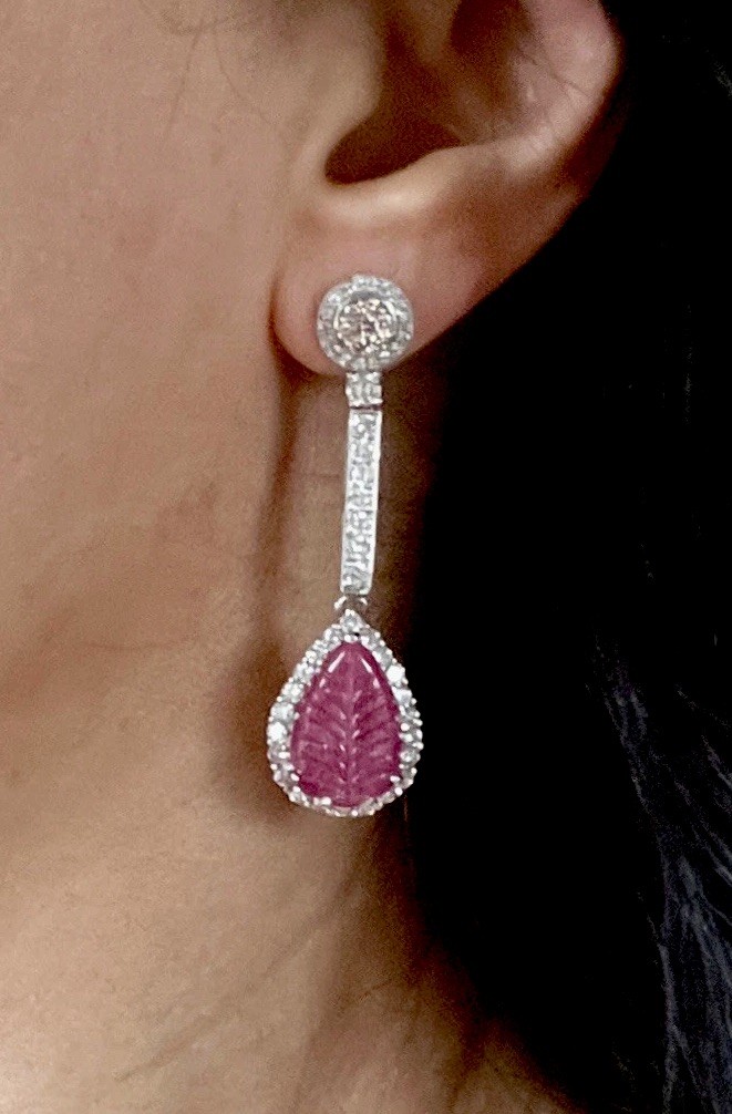 Large 14K Solid Gold Authentic Natural Ruby Diamond Leaf Earrings AGI Certified!