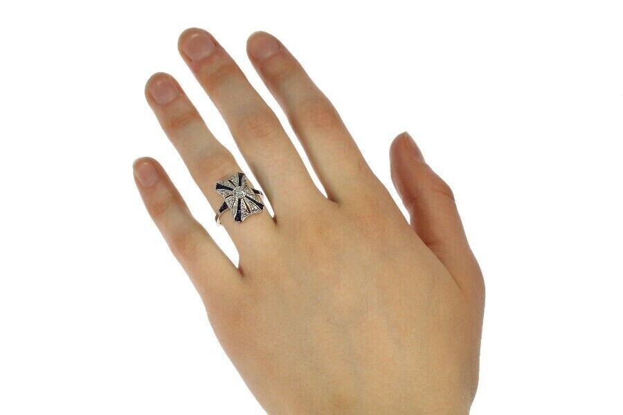 Art Deco 2Ct Sapphire & Lab Created Diamond Birthday 14K White Gold Filled Ring