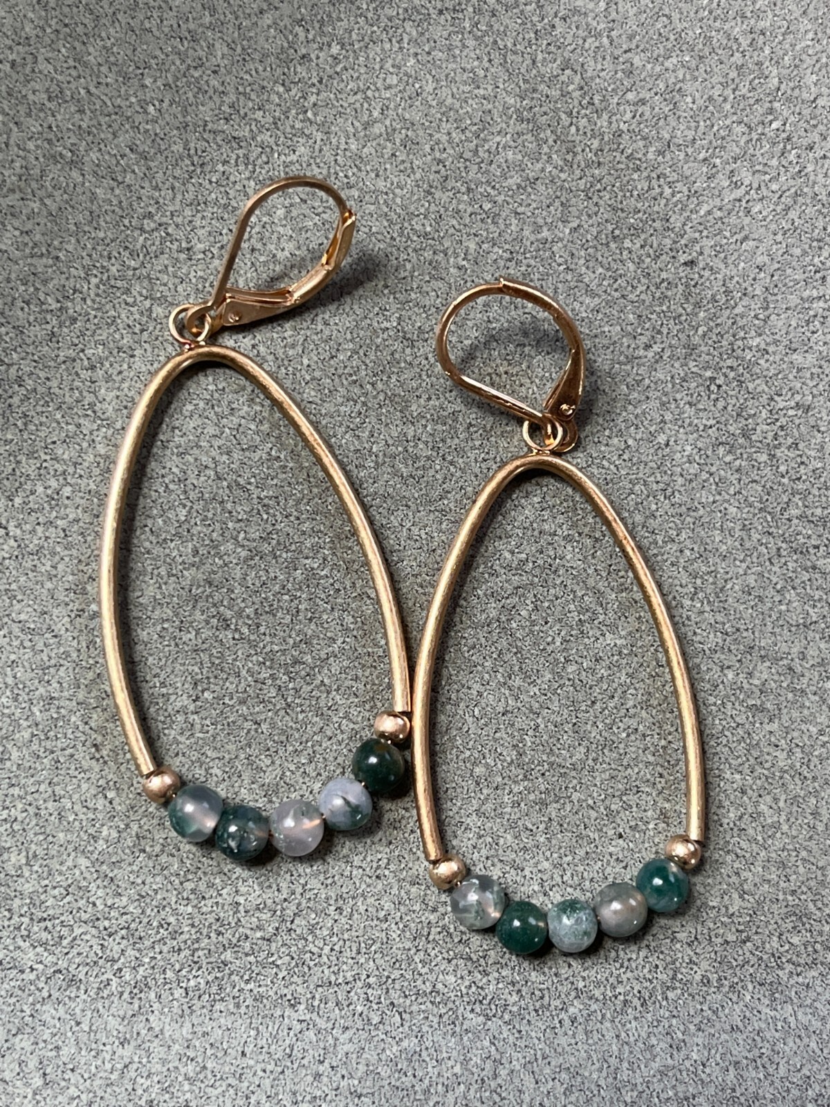 Estate Brushed Goldtone Tubular Ovals w Tiny Faux Green Stone Beads Dangle Ear
