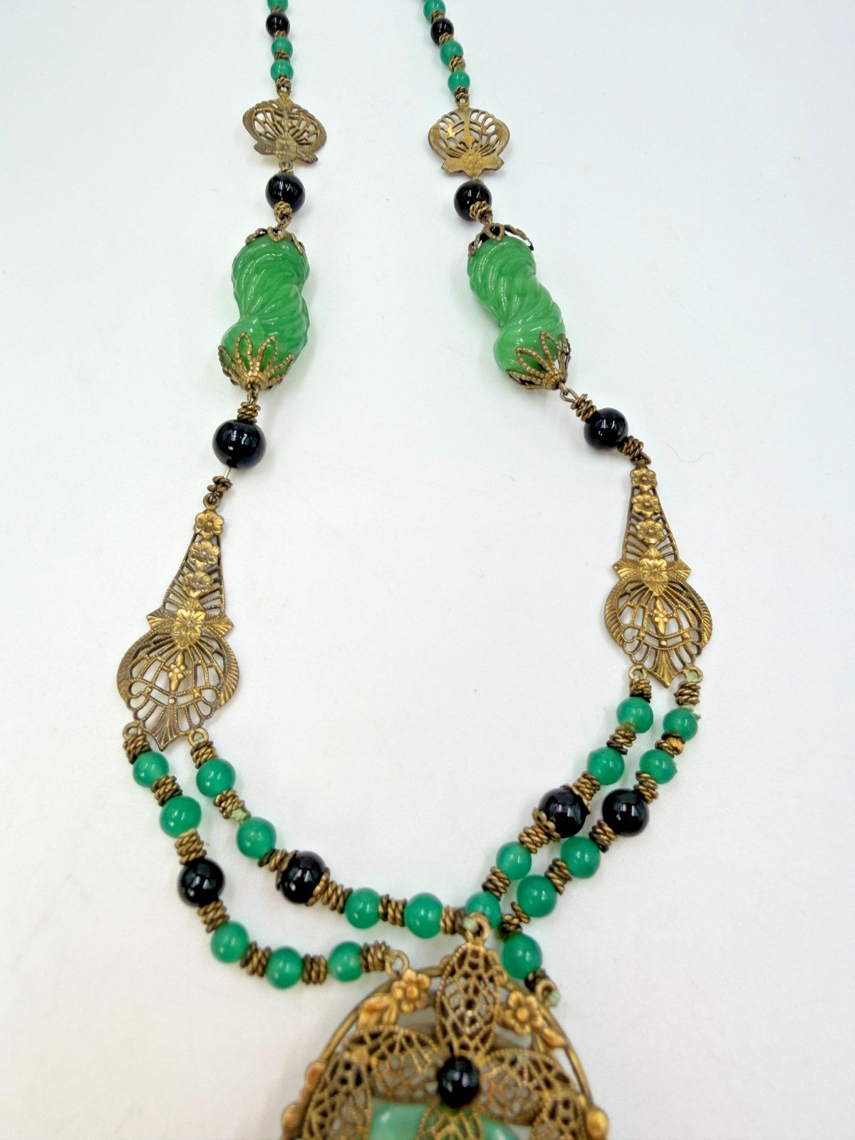 Vintage Necklace Art Deco Green Art Glass Brass Filigree Pendant 20 Inches PJ