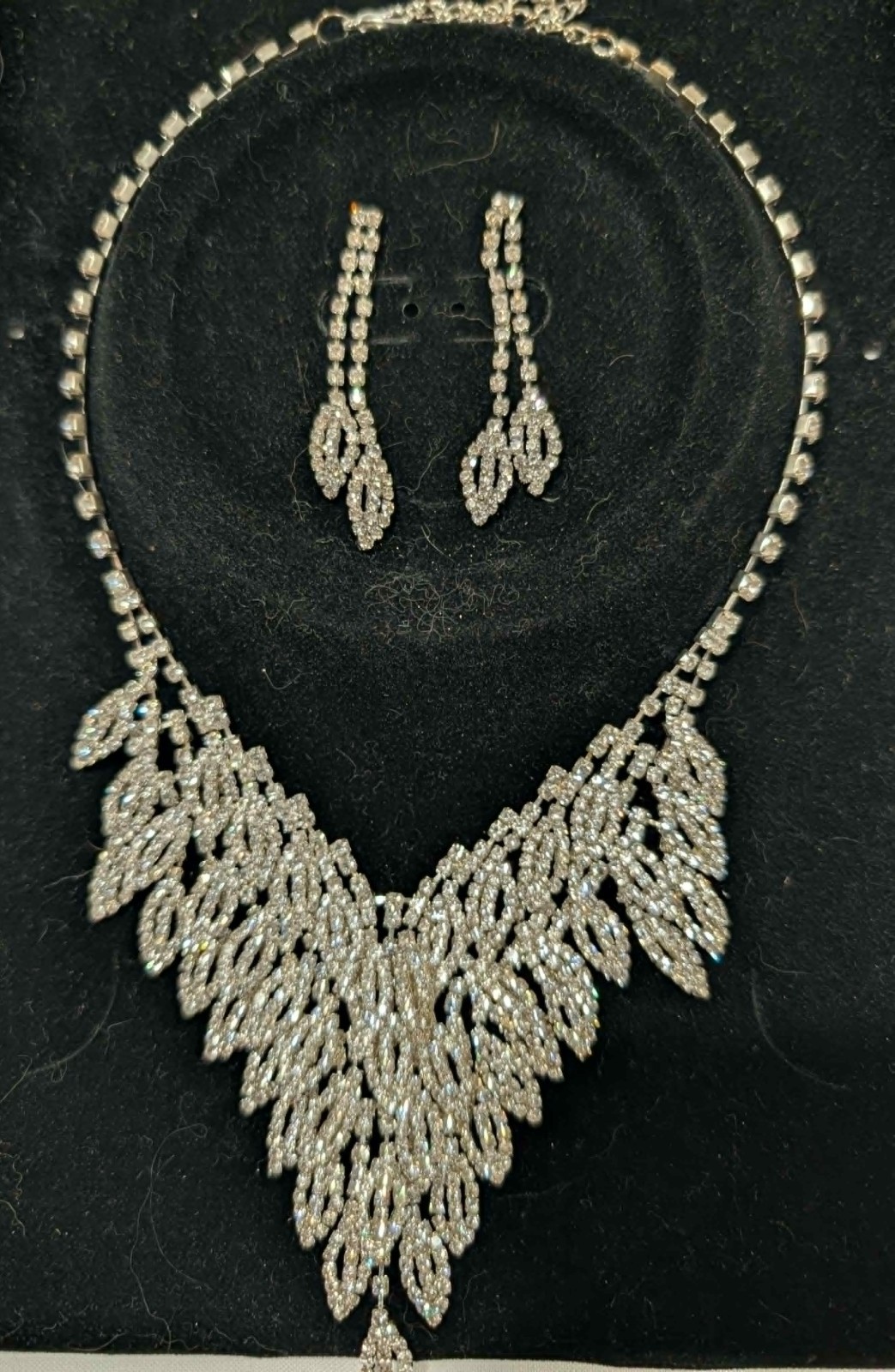 Vintage Clear Rhinestone Silver tone Necklace & Pierced Earring Set