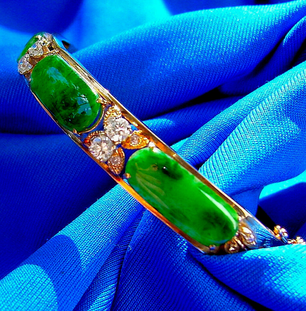 Original EARTH MINED Imperial Jadeite JADE Diamond Deco Bangle Bracelet 18K GOLD