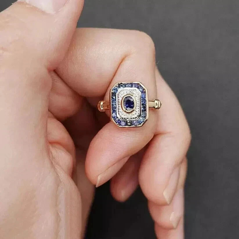 Art Deco Vintage Style Lab Created Diamond & Sapphire Wedding 14K Gold FN Ring