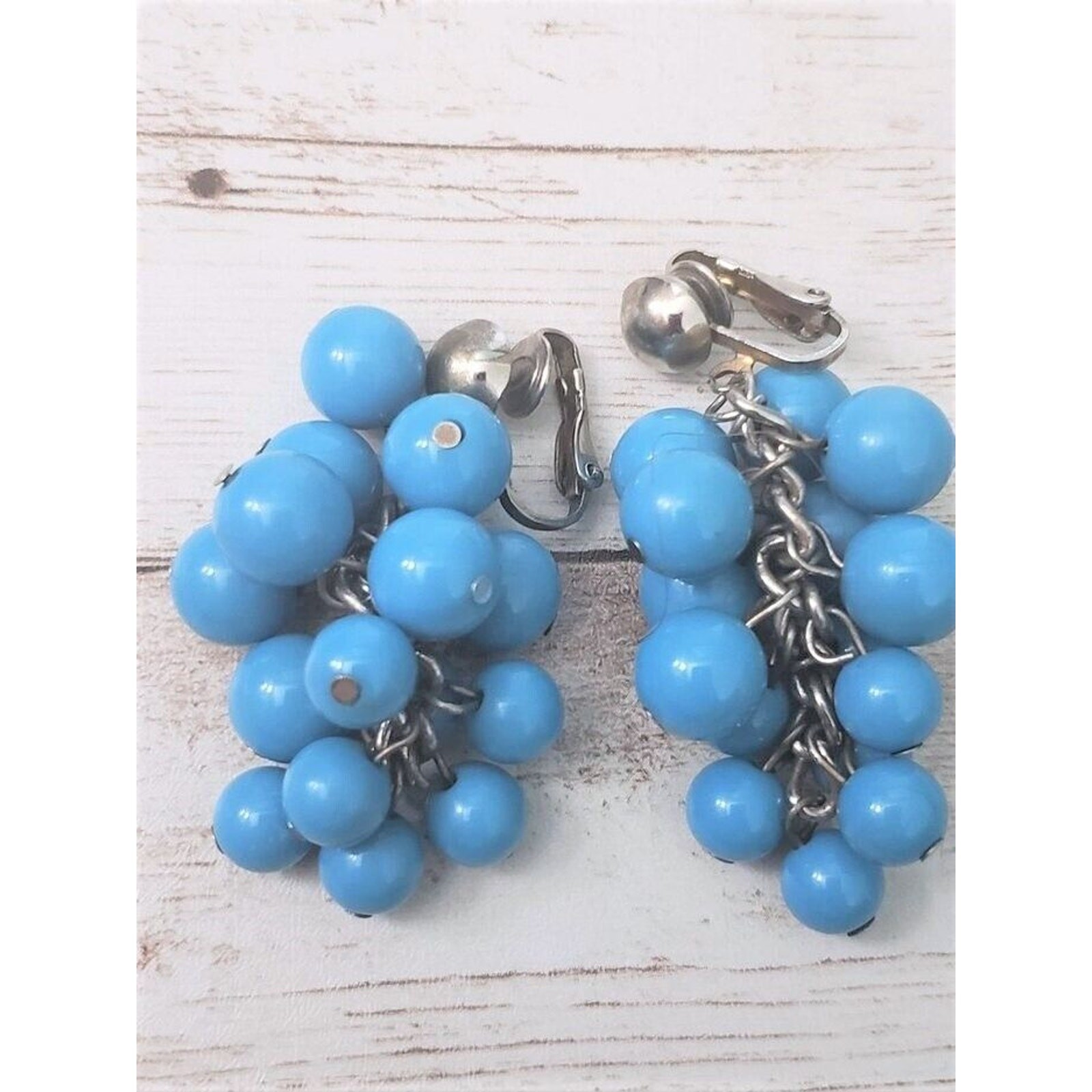Vintage Clip On Earrings Bright Blue Balls Dangle Large Statement