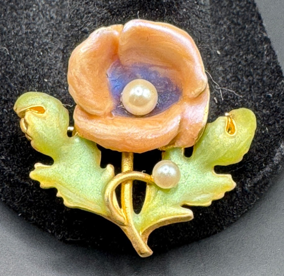 Joan Rivers Peach Enamel Flower Brooch Faux Pearl Gold Tone Signed Pin Vintage