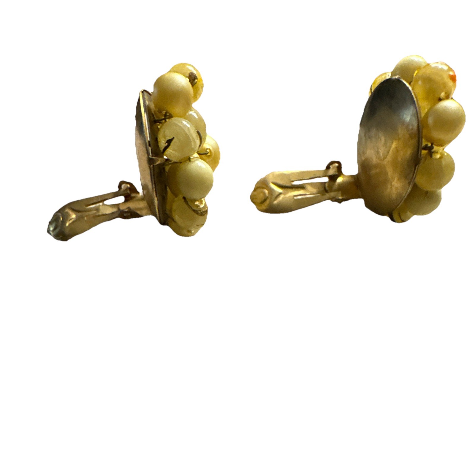Vintage Signed Japan yellow and Cream Beaded Hand made Clip on Womens Earrings