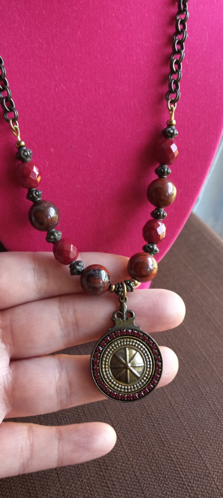 Rare Vintage Retired Grandmother Button Necklace ,Rhinestones, Marble Stones,…