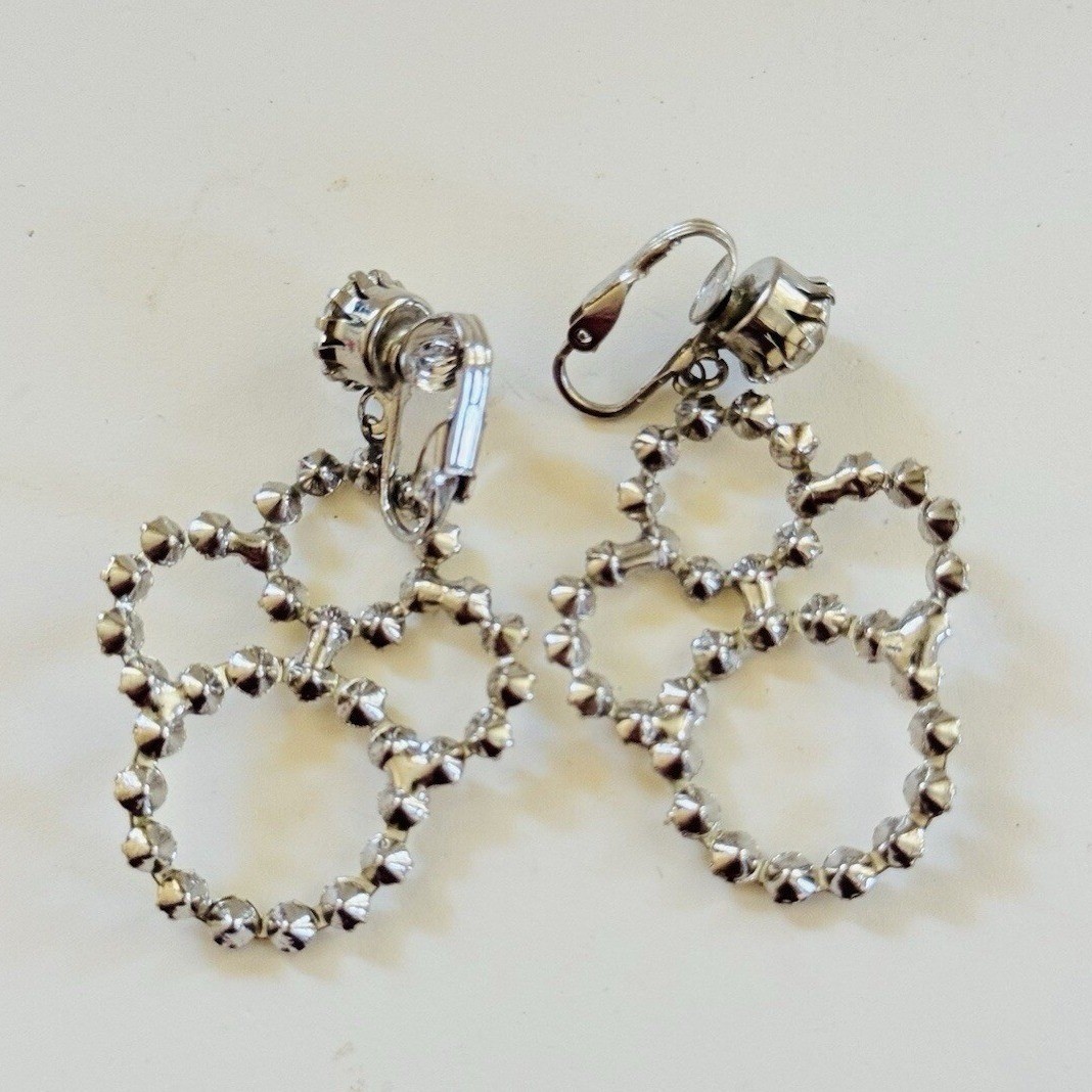 Jeweled art deco Earrings VTG Clip Austrian Crystal Rhinestone Sparkly Dangle 2″