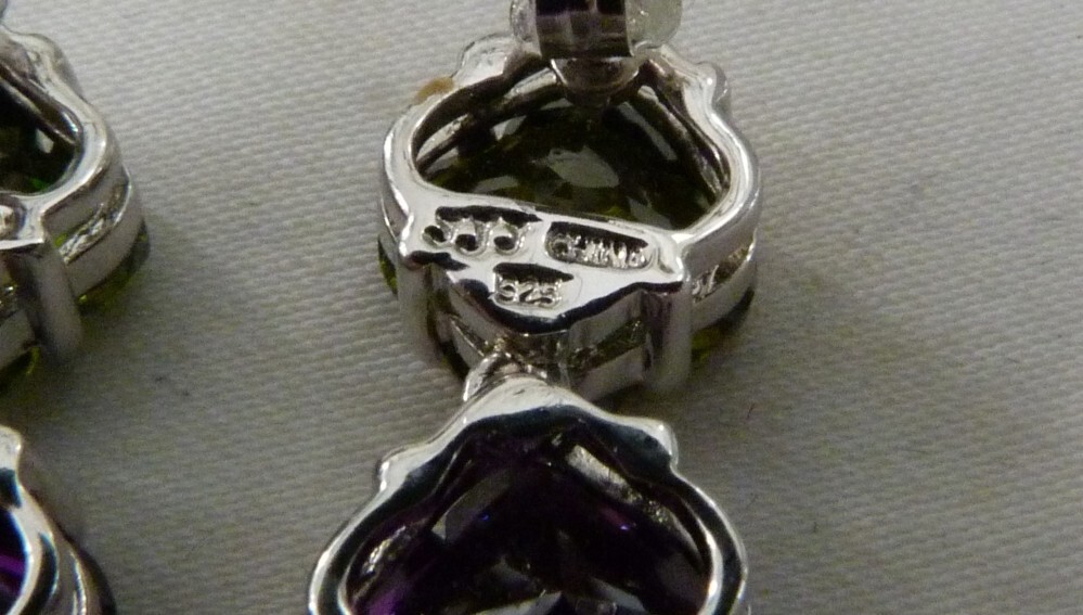 DESIGNER JJJ PURPLE & GREEN CRYSTALS STERLING SILVER DANGLE EARRINGS 1 5/8″ LONG