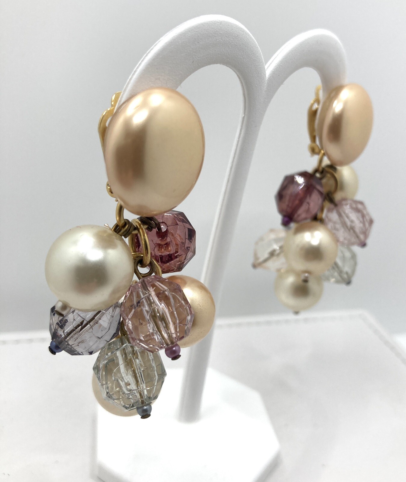 Vintage CHAMPAGNE FAUX PEARL LAVENDER Bead Cluster 3″ Dangle Earrings SNAZZY