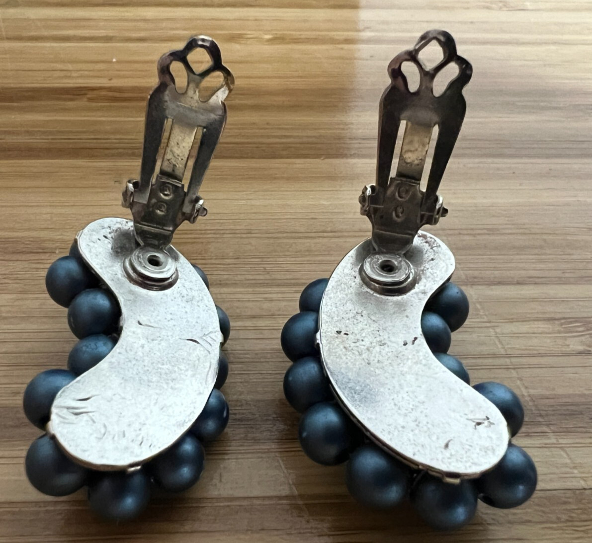 Vintage Blue Beaded climber style clip ear rings –unsigned 1.25 inches