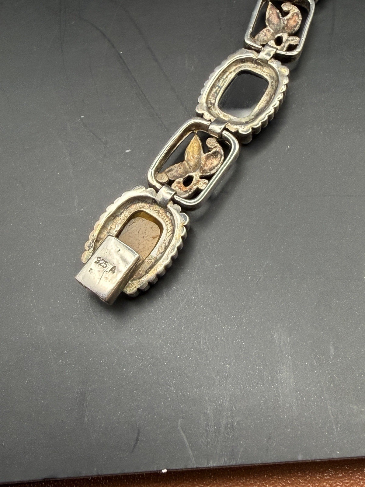 Vintage Sterling Silver Multi Stone Bracelet Onyx, Tiger Eye and Red Coral