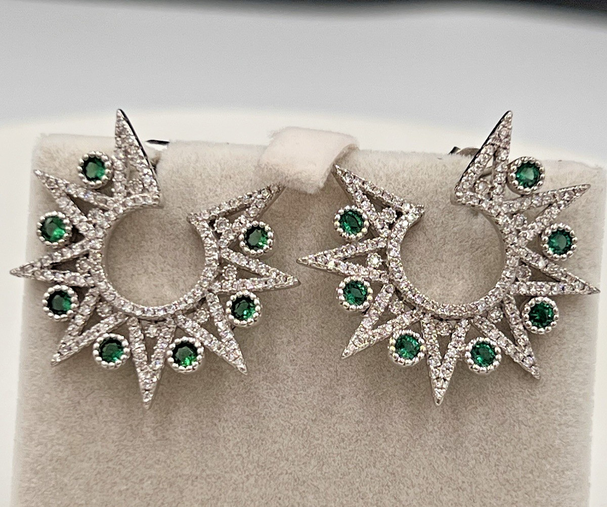 Vtg Sterling Star Point Statement Earrings, Emerald Green & Clear CZ Settings