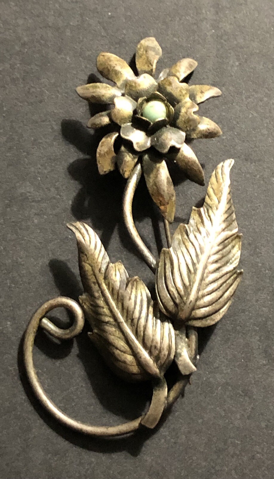 Large Vintage Bronze Color Flower Bouquet Brooch Pin w/Green Turquoise Men/Women
