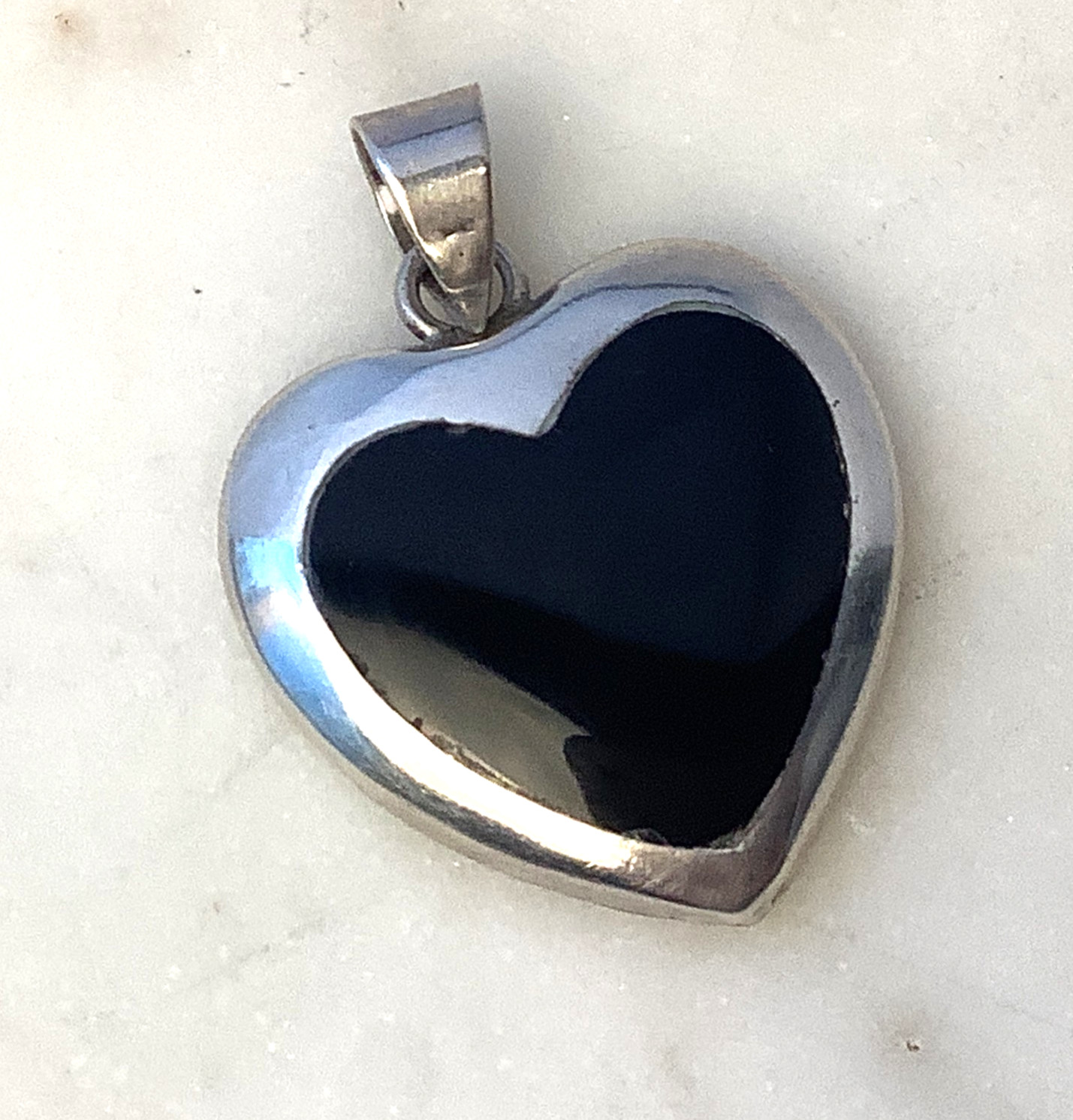 Heart Pendant Black Onyx Signed 925 Big Chunky Vintage Sterling Silver Charm