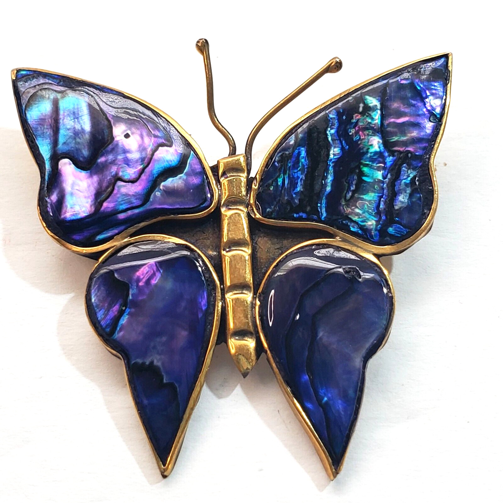 Vintage Alpaca Mexico Inlaid Abalone Purple Blue Butterfly Brooch