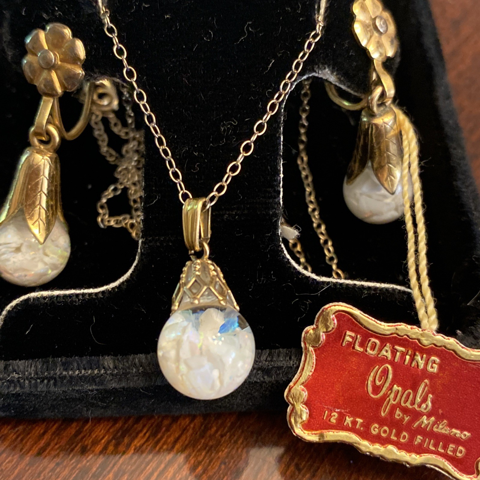 Vintage Floating Opal Earrings Screw Back Pendant Set Gold Filled Floral Drops