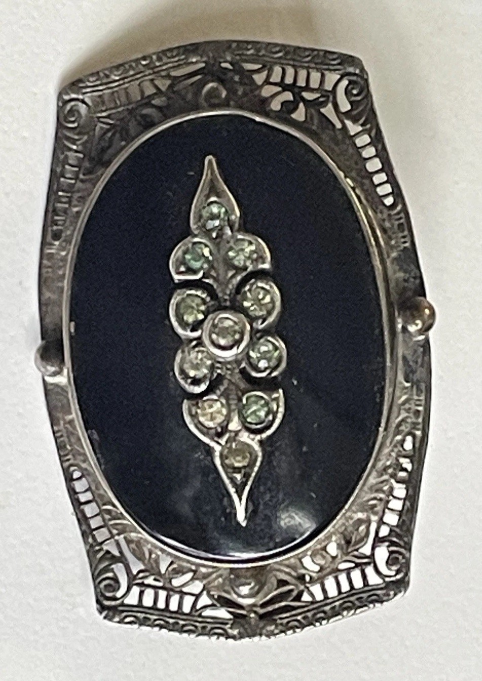 Victorian Revival Art Deco Mourning Brooch Sterling Silver Onyx glass Crystals