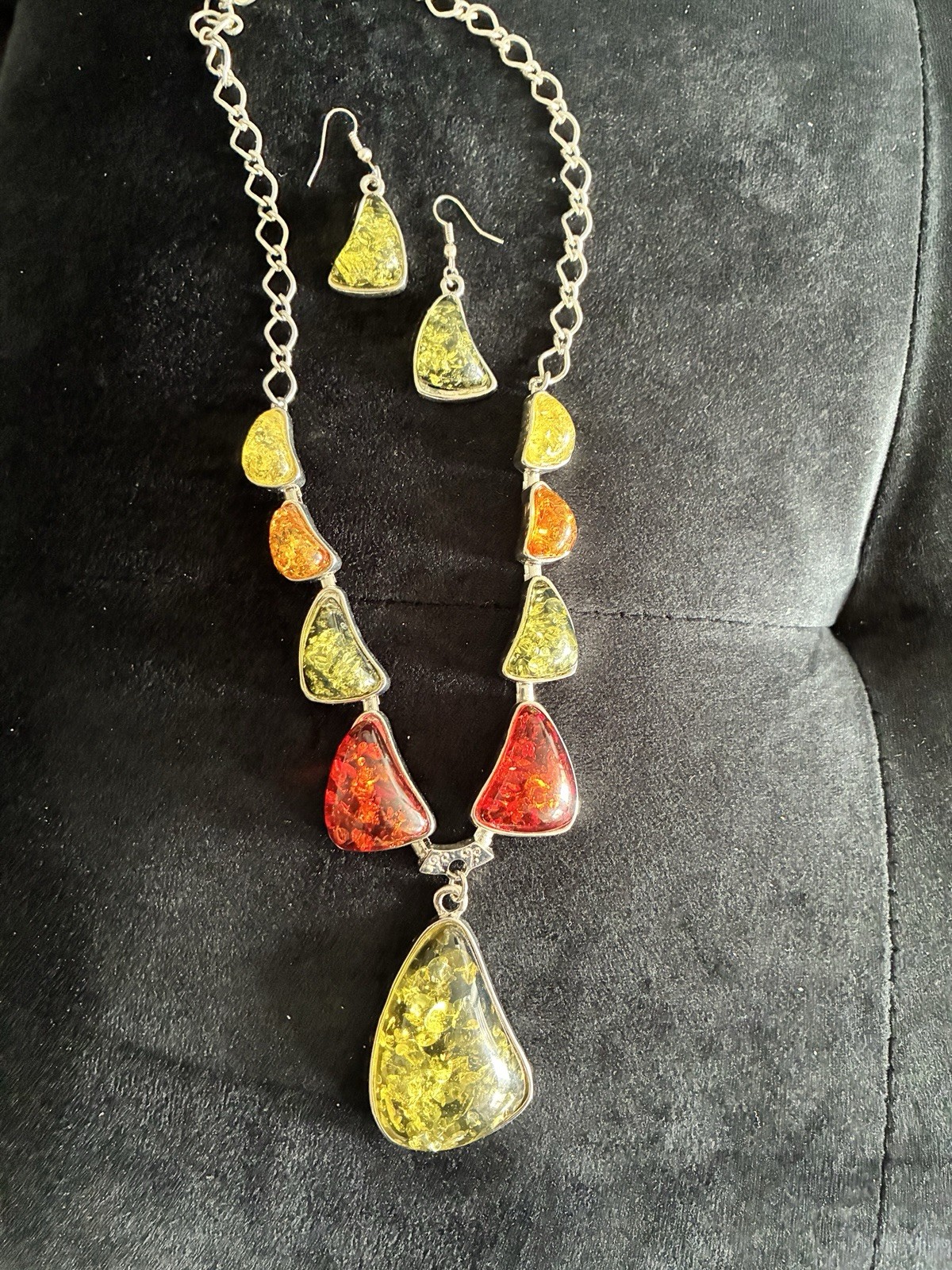 Vintage Necklace & Earrings FAUX Amber Multiple Colors With inclusions