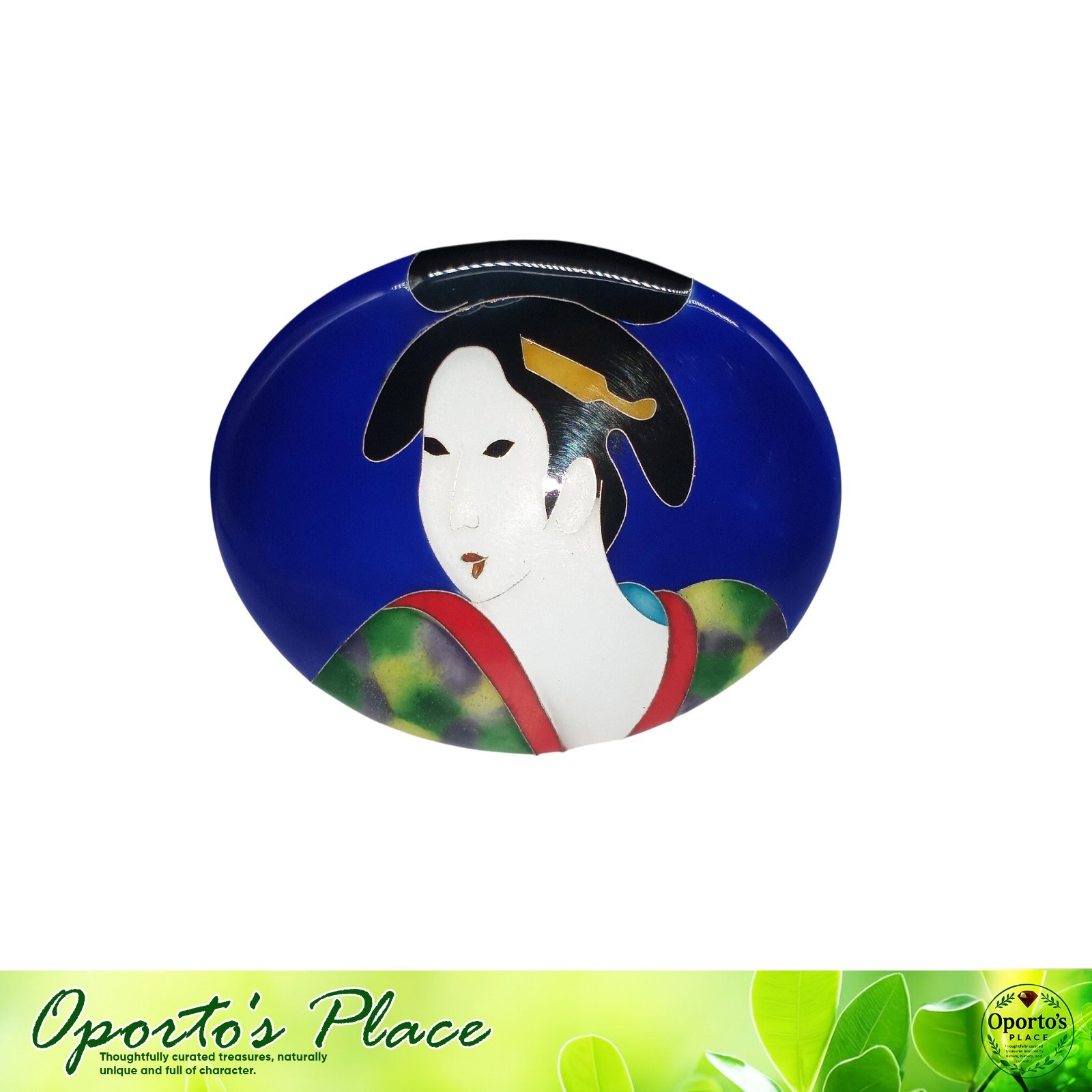 Vintage Traditional Japanese Geisha Oval Brooch Enamel Over Metal Signed