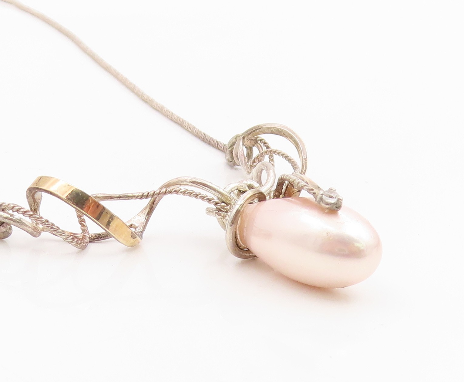 14k Gold & 925 Sterling Silver Vintage Necklace Elegant Pearl & CZ Drop NE4861