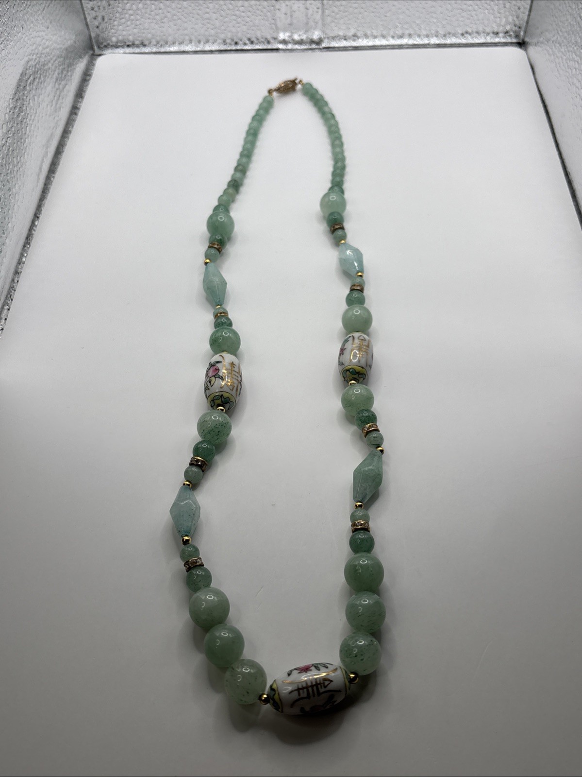 Vintage Chinese Hand-Painted Porcelain and Green Jade Beaded 34”Necklace