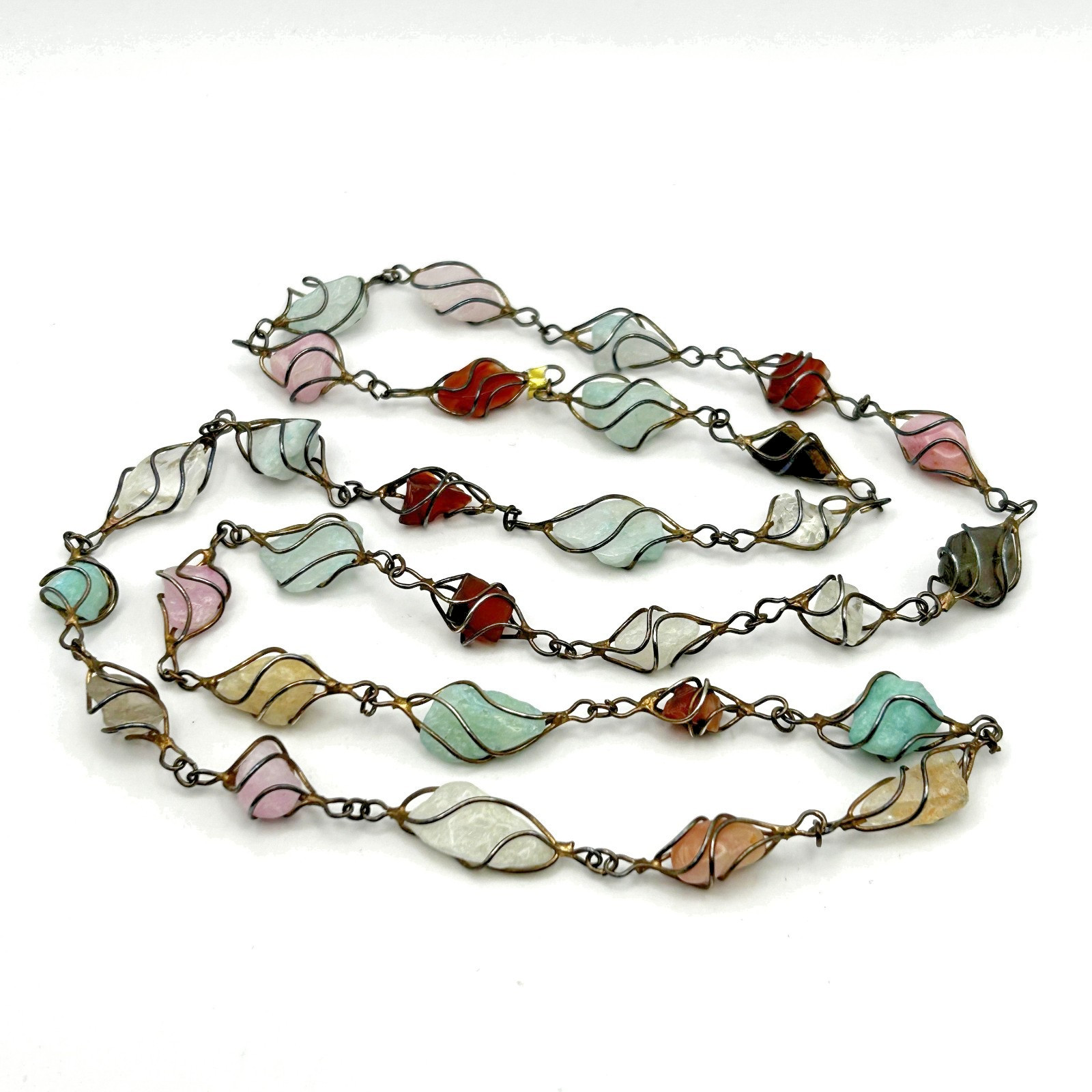 Vintage Gemstone Wire Wrapped 30” Necklace Garnet Jadeite Quartz Artisan Boho
