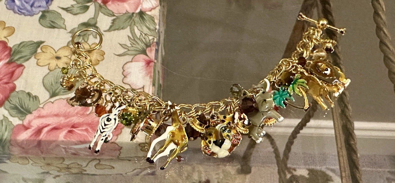 Vintage Lunch at The Ritz Gold Tone Zoo Charm Bracelet Zebras Giraffes Monkeys