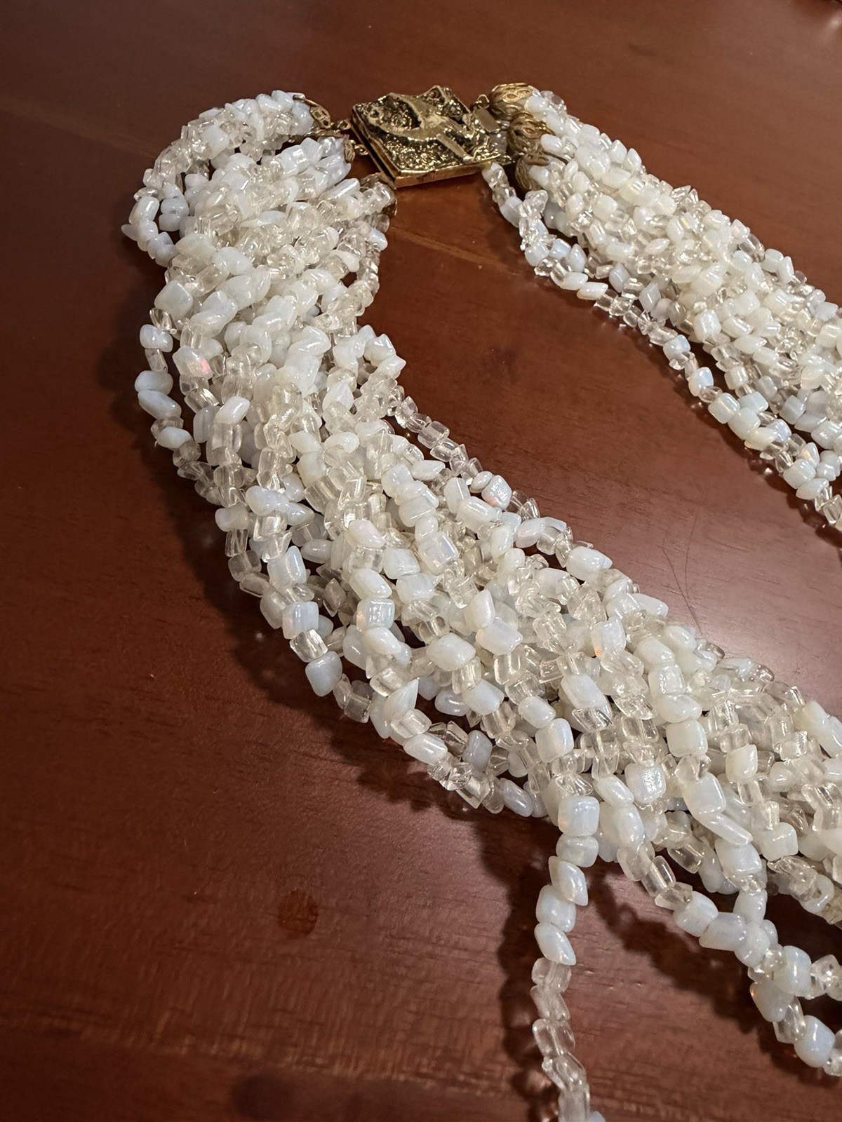 Rare Vintage Venetian Multistrand Opaline Clear Seed Bead Choker Necklace Italy