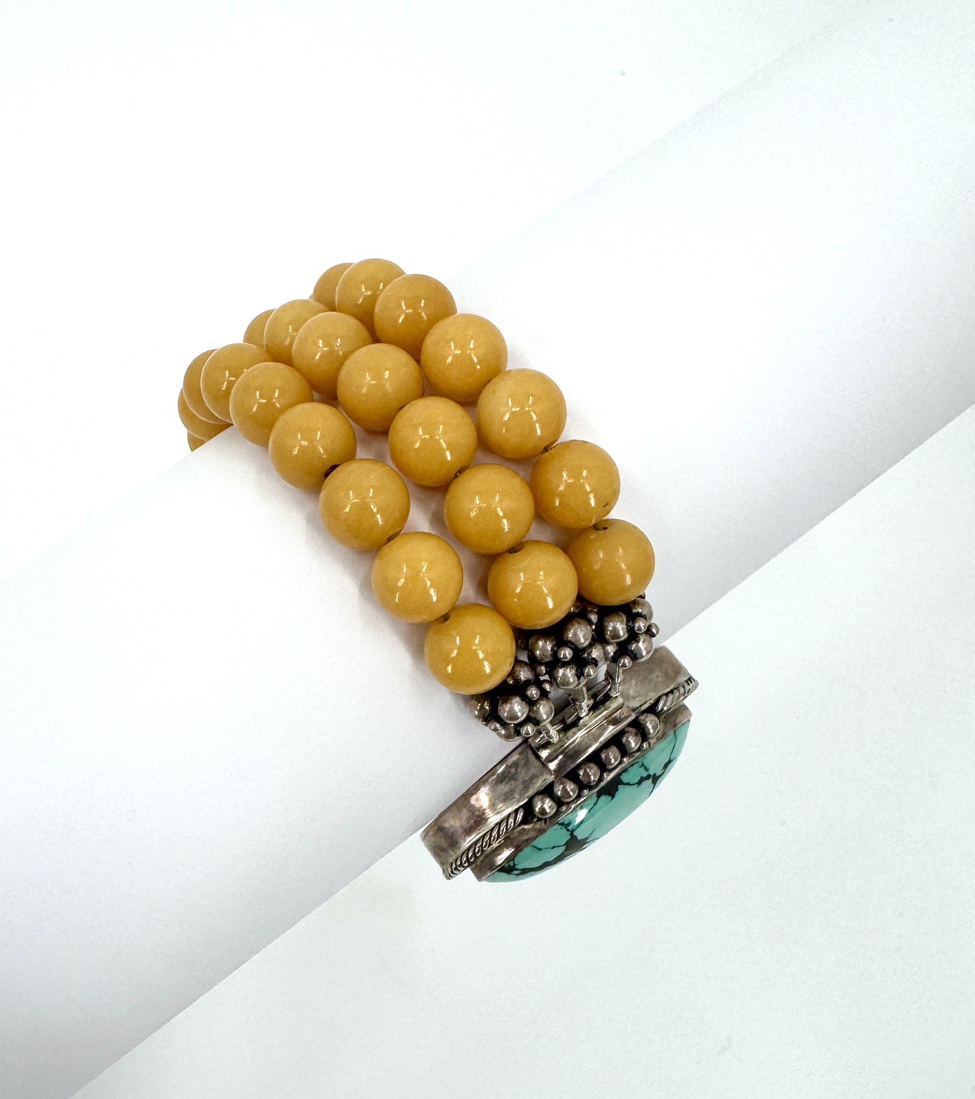 Vintage Turquoise Yellow Jasper And Sterling Silver Statement Bracelet