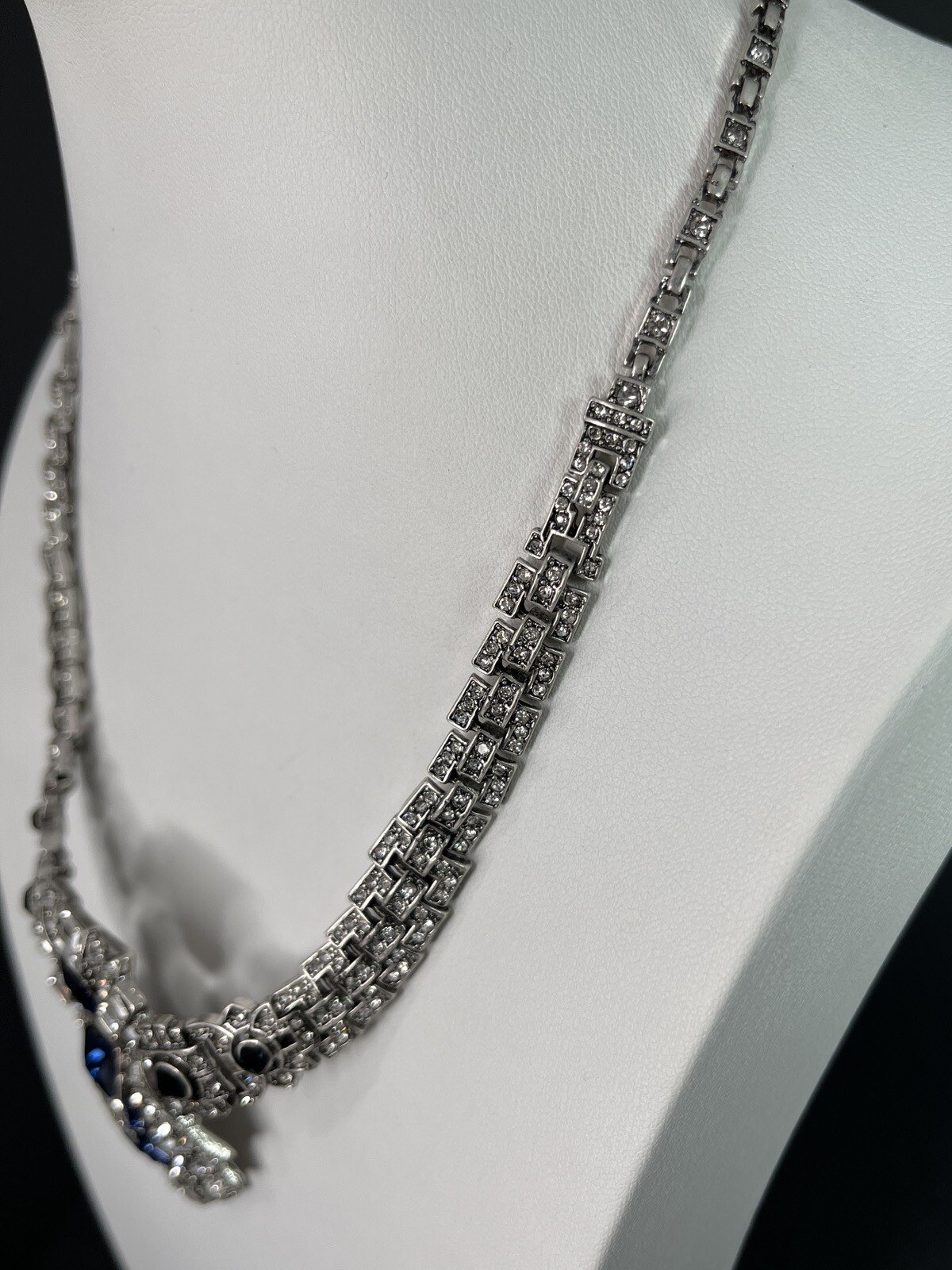 Art Deco Revival Rhinestone Choker Necklace Silver Blue Lavalier Wedding Bride
