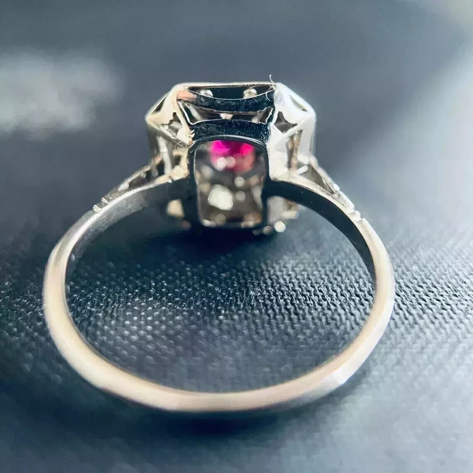 Art Deco Style Lab Created Diamond & Ruby Engagement 14K White Gold Finish Ring