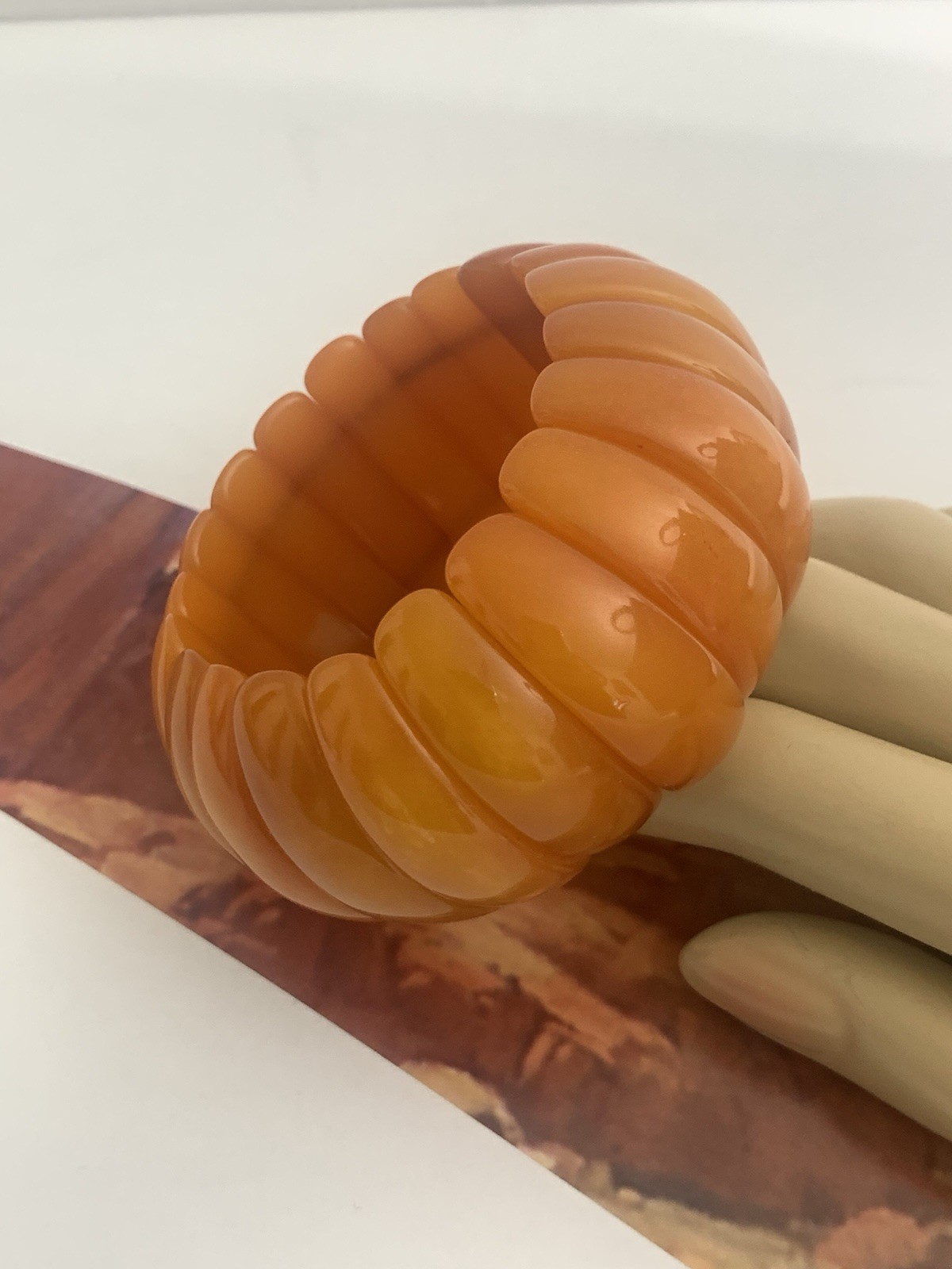 Vintage Marion Godart France Butterscotch Lucite Stretch Chunky Bangle Bracelet
