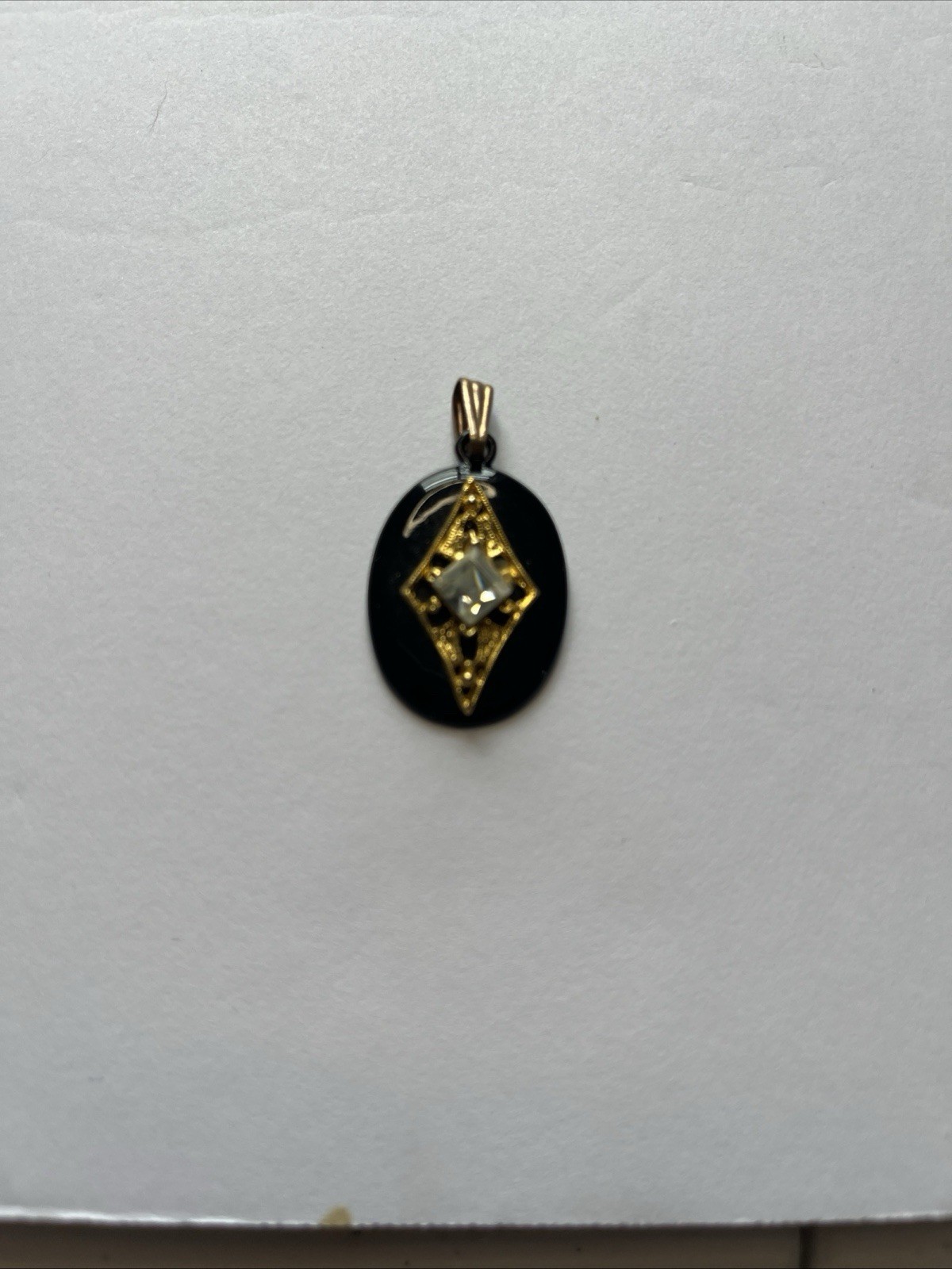 Vintage Gold Tone Black Oval Resin Pendant Necklace Faux Diamond