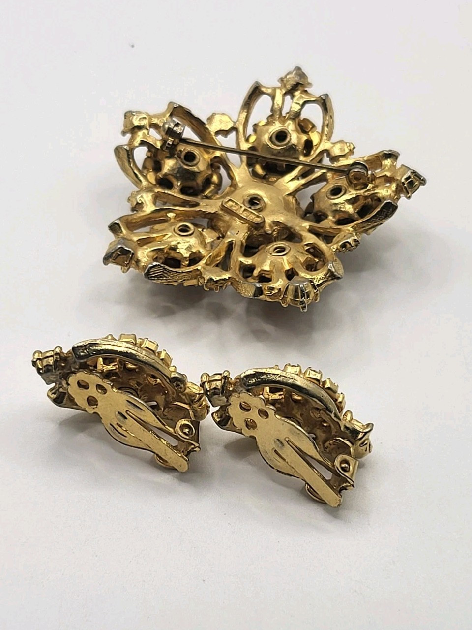 2-Pc Edlee Champagne & Ice Rhinestone Crystal Vintage Pin Brooch & Earrings Set