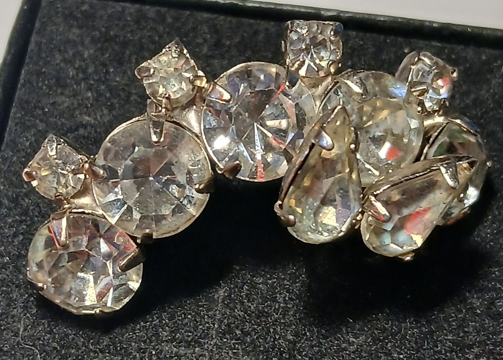 Vintage clear rhinestone crystal cluster half moon shaped brooch pin