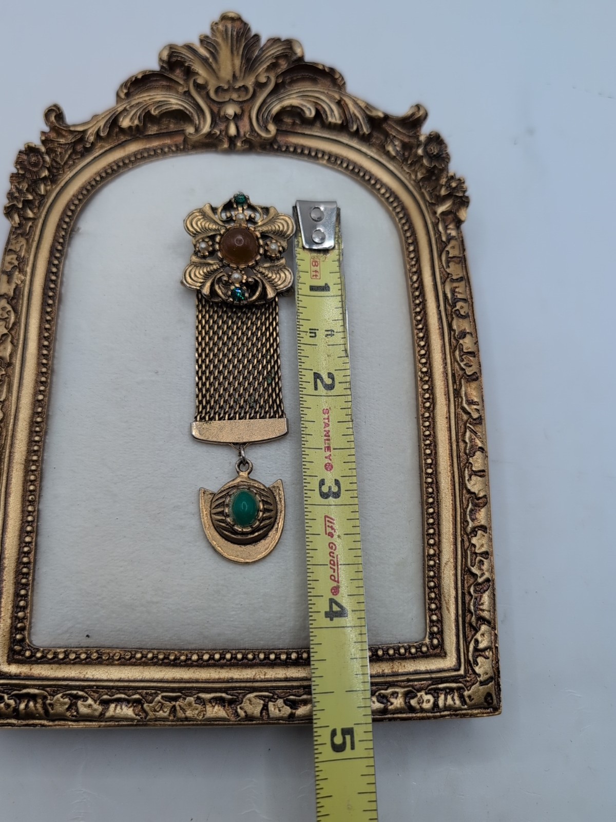 Victorian Mesh Dangle Style Brooch Ornate With Rhinestone Faux Pearls Gold Tone